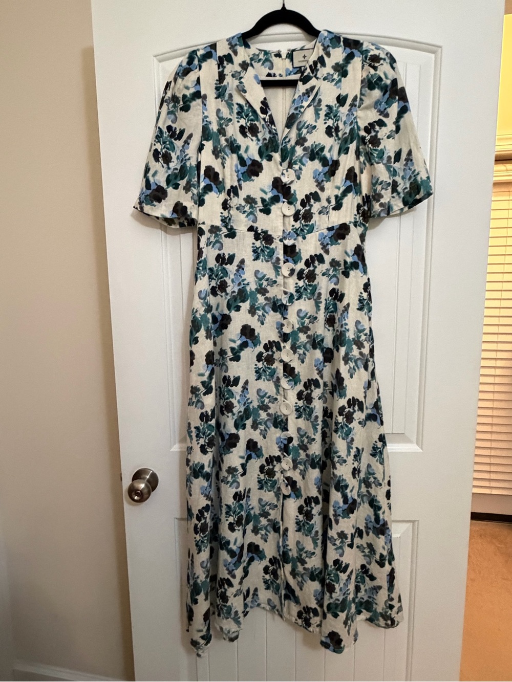 Tuckernuck Budding Bluebell Hadley Linen Maxi DressTeal Black Floral Sz Medium